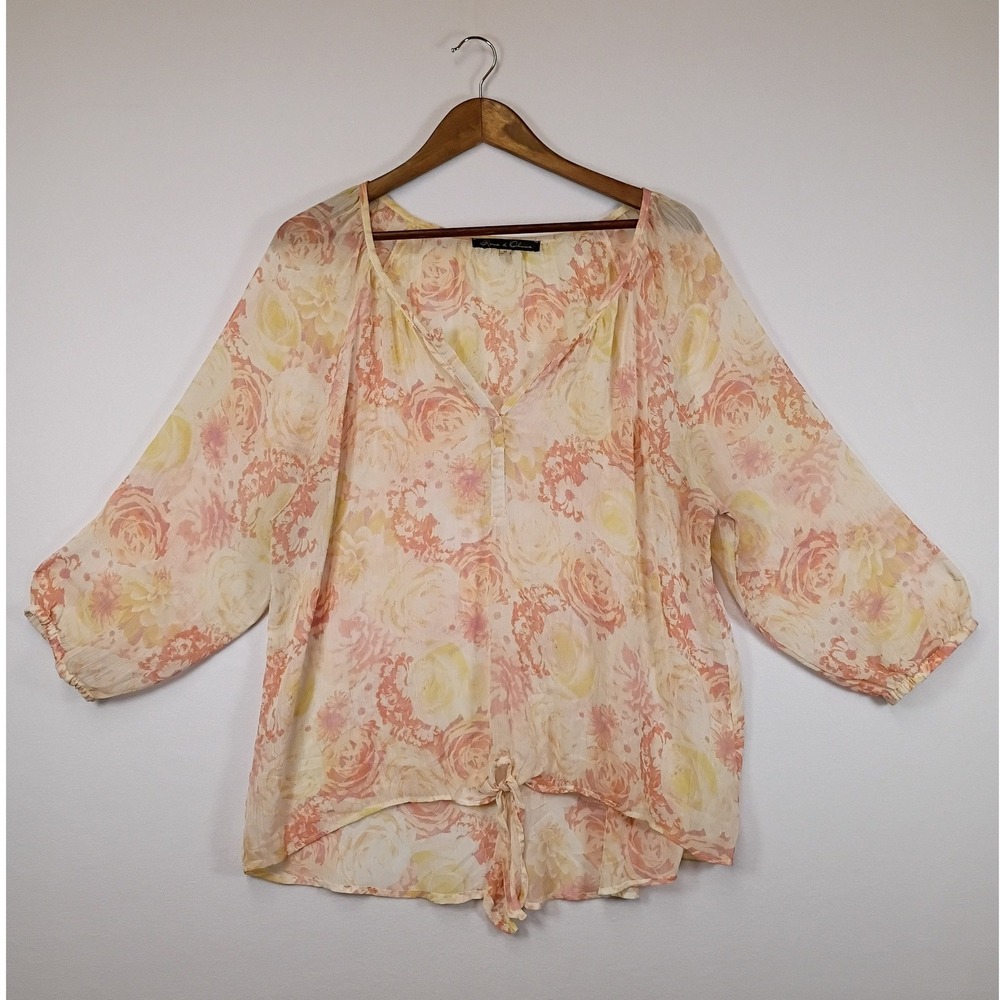 Cottagecore Rose & Olive Womens 1X Peach Floral Tie Front 3/4 Sleeve Blouse